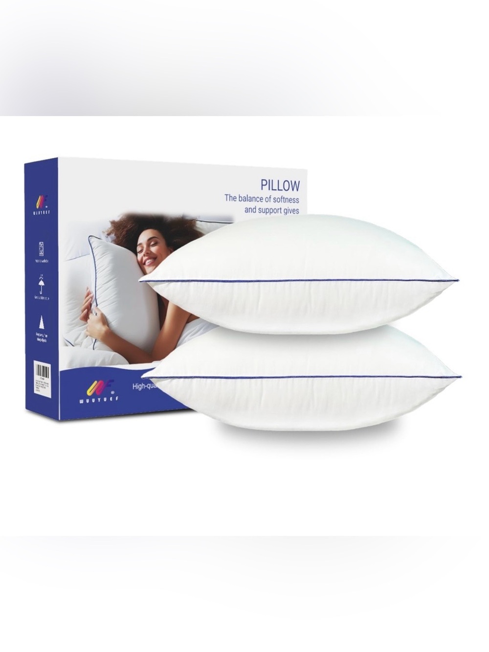 Hypoallergenic Pillow Inserts SQUARE 18x18” (2-Pack) White with Blue Trim